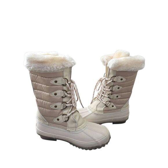 Khombu Winter Fur Boots Cream Lace Up Duck Boots Water Resistant Size 6 NEW - Picture 6 of 9